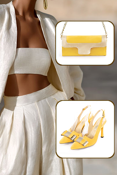 Women's yellow and gold elegant slingback heels, with a bow on the front. Tapered toe. High slim heel - Worn view